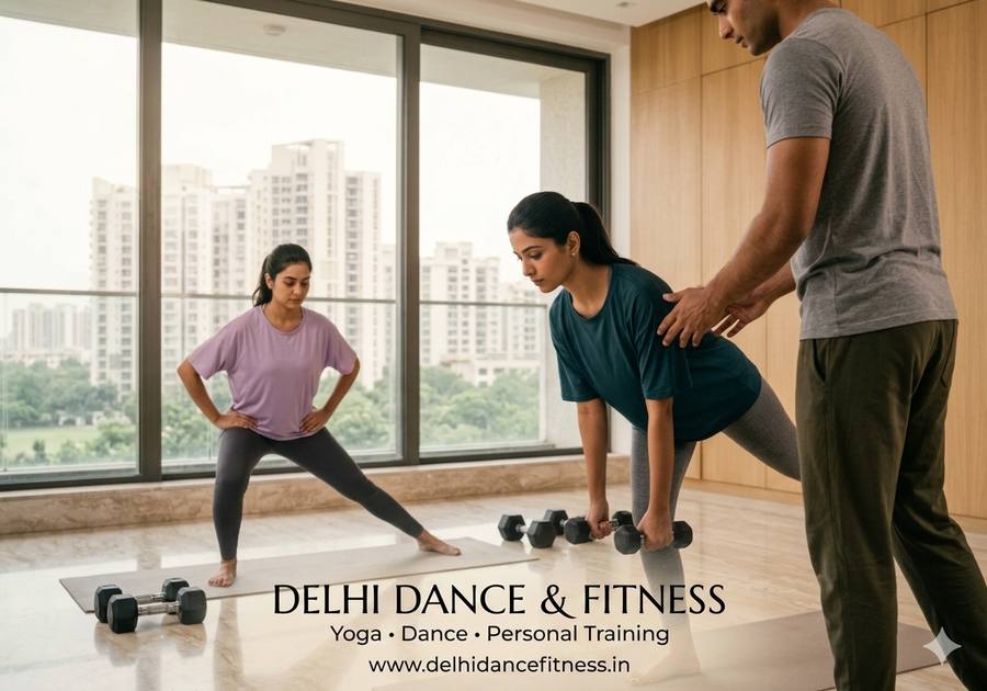 Personal fitness training home Delhi · certified trainer Sachin · strength dumbbell workout