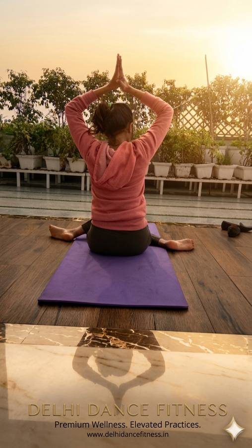 Morning meditation yoga Delhi rooftop · Namaste sunrise · certified yoga home classes