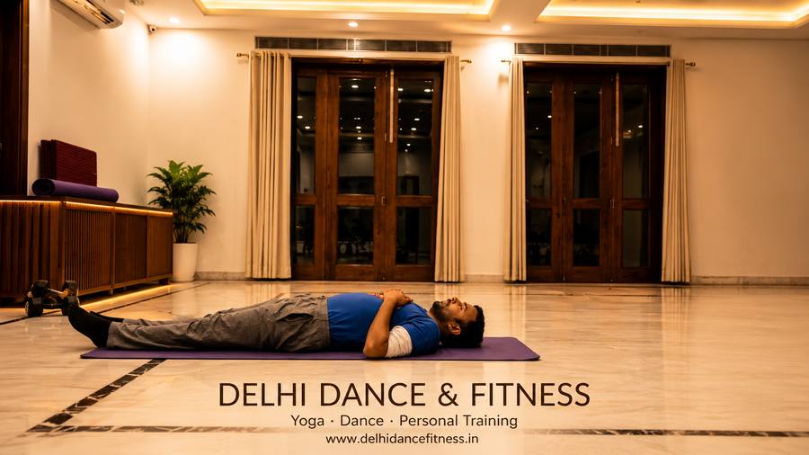 Savasana relaxation final pose · yoga session home Delhi · personal certified trainer