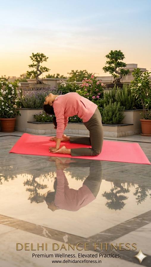 Ustrasana Camel pose sunrise · women yoga Delhi home classes · personal trainer